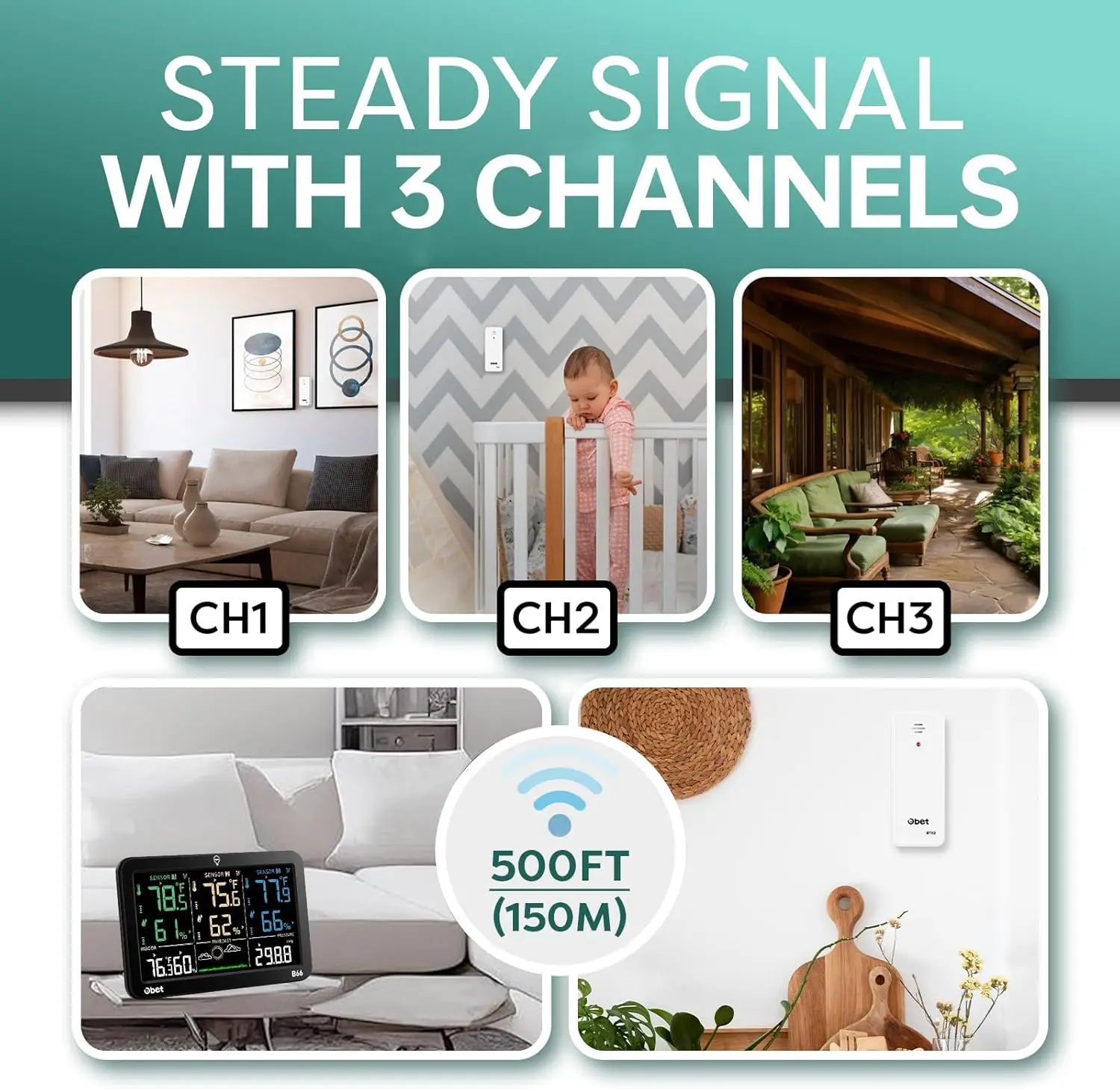 Wireless Weather Station with 3 Sensors, Digital Temp/Humidity Monitor, Alerts, Adjustable Backlight, USB Port – Indoor