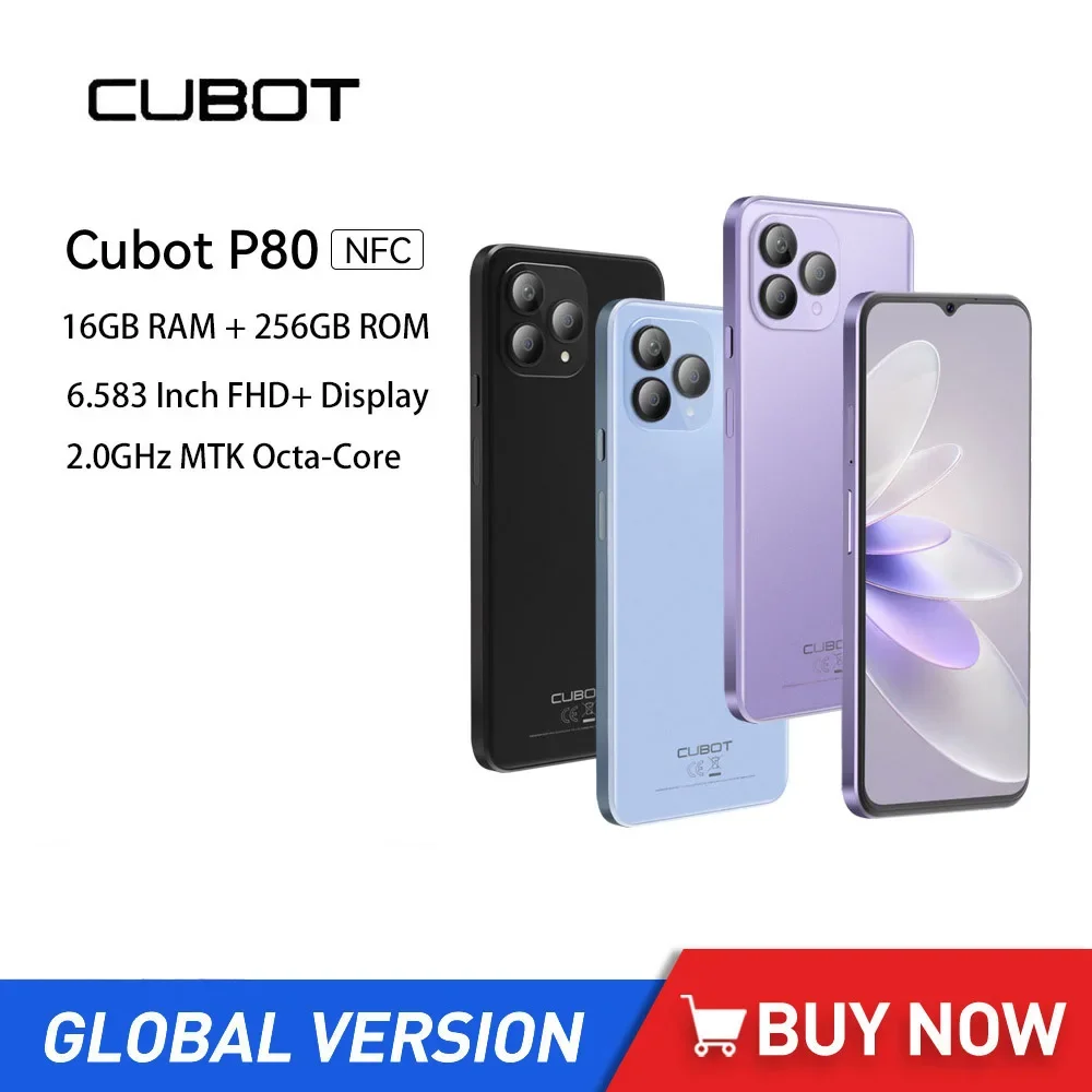 2023 New Global Version Cubot P80 Smartphones Octa Core 8GB+256GB 6.583Inch FHD 48MP Camera Android 13 Mobile Phone 5200mAh NFC