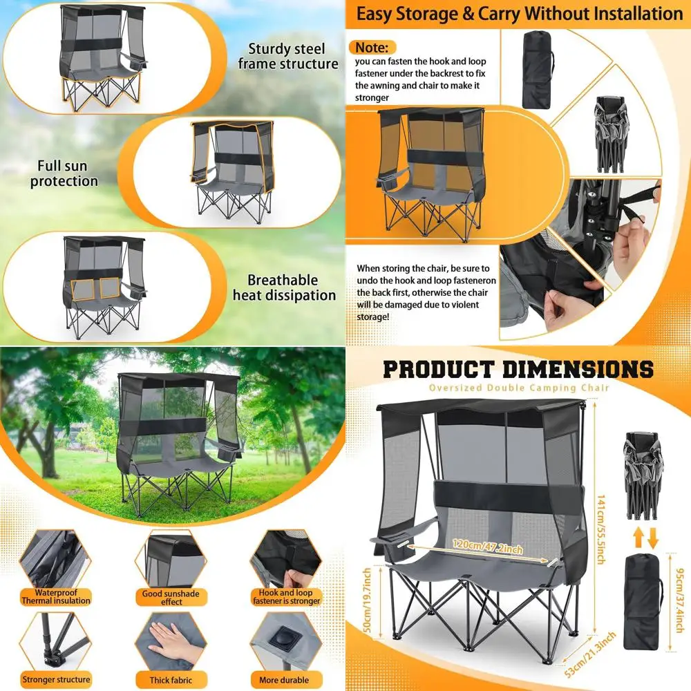 

Двойное складное кресло-шезлонг для кемпинга с навесом, подарок на День святого Валентина, двухместное, для активного отдыха, со встроенным охладителем и подстаканниками