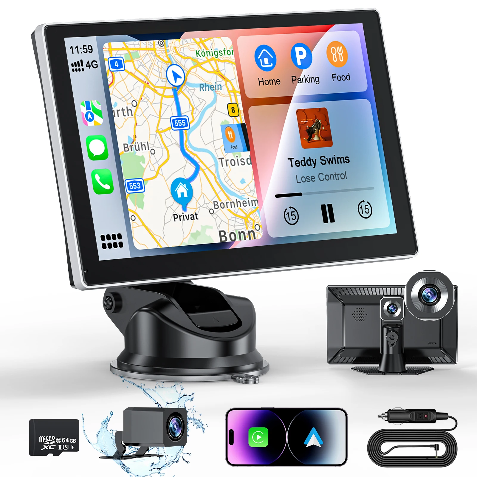 شاشة CarPlay اللاسلكية المحمولة مقاس 9 بوصات للسيارة، ستيريو سيارة CooCom UHD مع شاشة تعمل باللمس مع Apple CarPlay Android Auto، كاميرا داش 4K #1