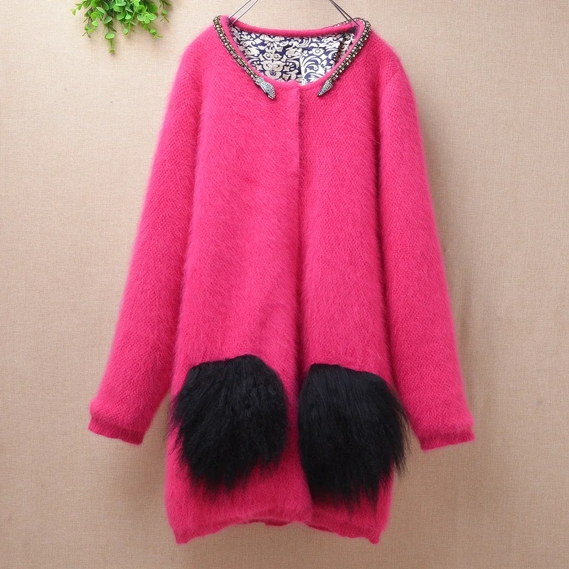 female women fashion rose snackbeading collar mink cashmere thick warm angora knitted coiling wool pockets cardigans coat pull