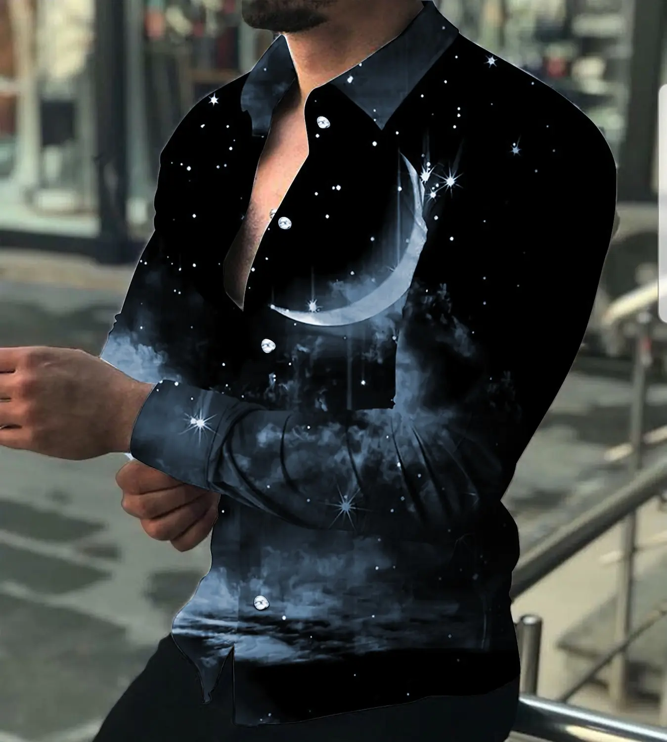 Céu estrelado e lua camisa de manga longa masculina impressa high-end luxuoso e confortável lapela topo elegante casual camisa masculina