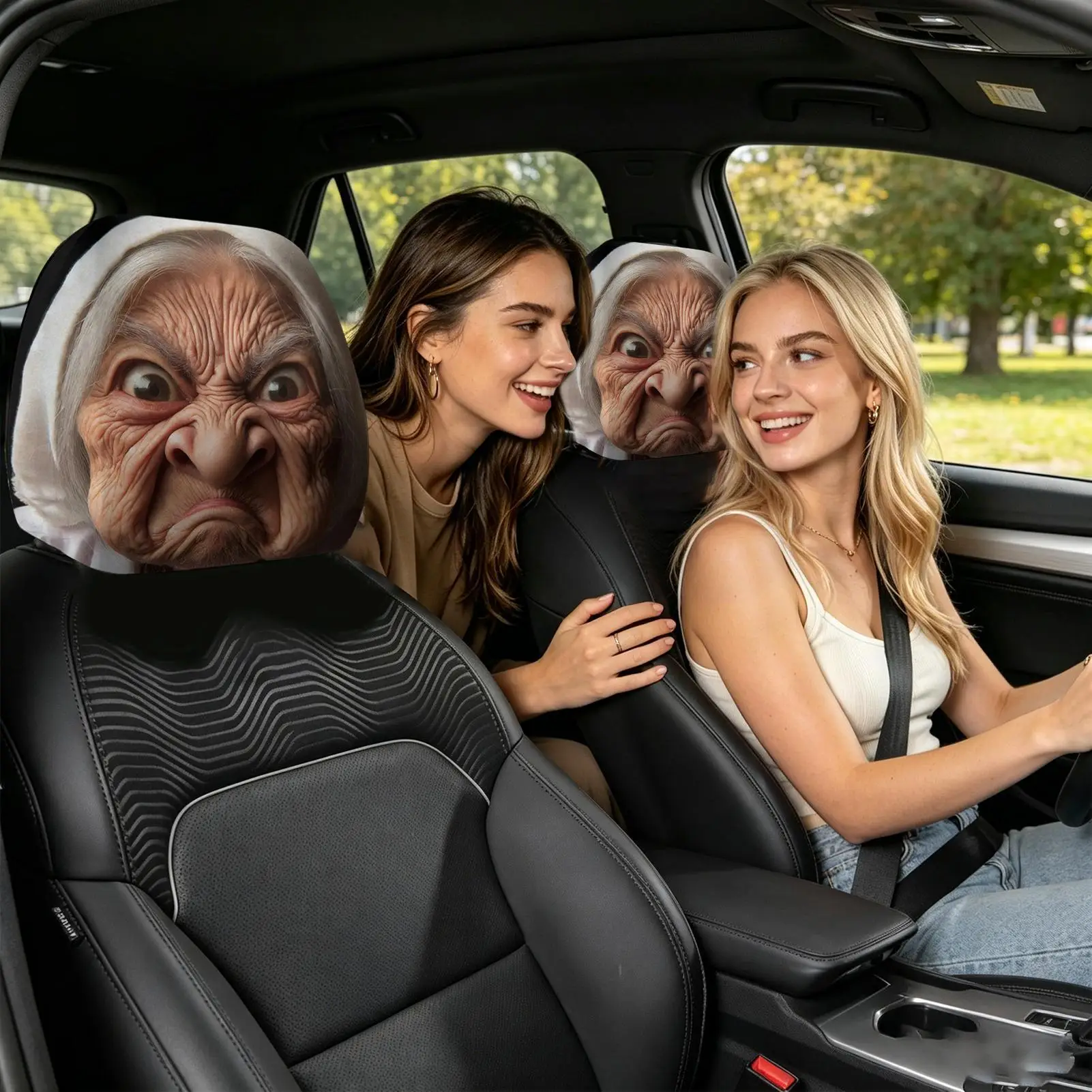 2Pcs Funny Old Lady Face Printed Car Headrest Cover Elastic Washable Universal Auto Head Protector Fashion Car Decor for Daily