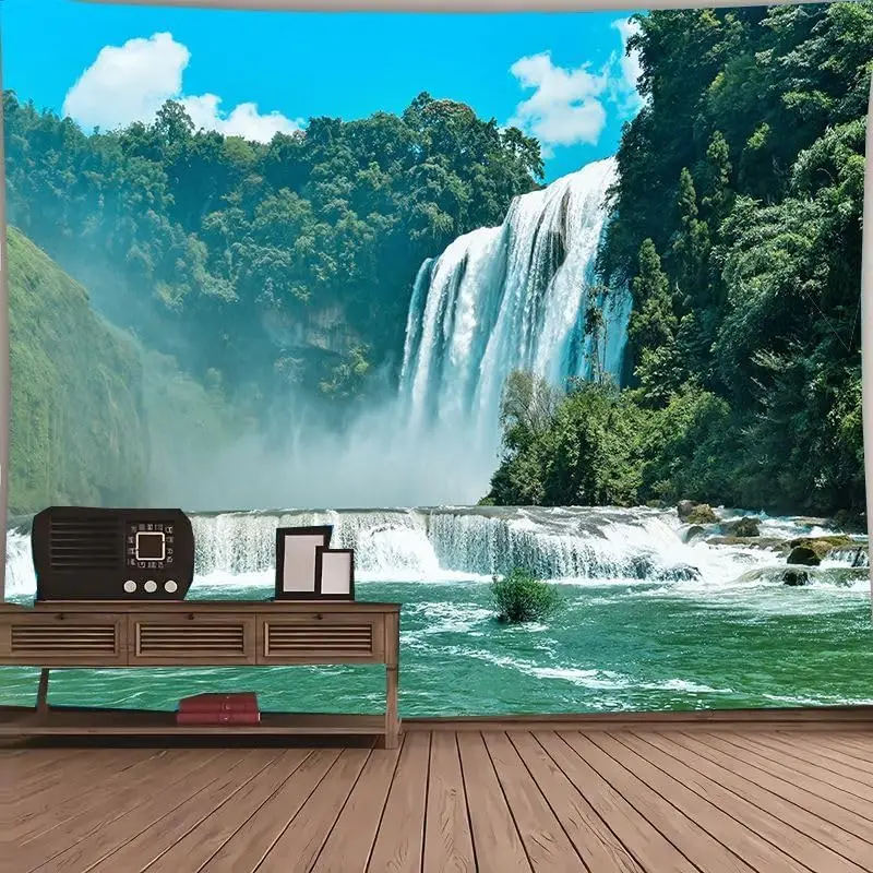 Green Tree Forest Tapestry Waterfall Wall Hanging Nature Landscape Scenic Stone River Tapestries for Living Room Bedroom Dorm