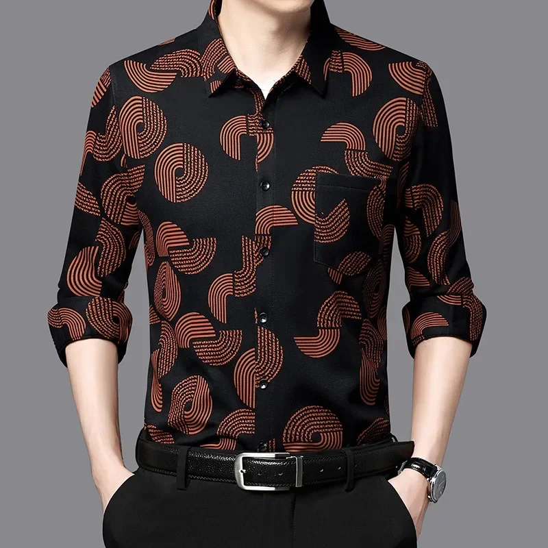 

Spring and Autumn Men's Polo Collar Contrast Printing Geometric Pocket Long Sleeve Cardigan Shirt Coat Casual Formal Tops