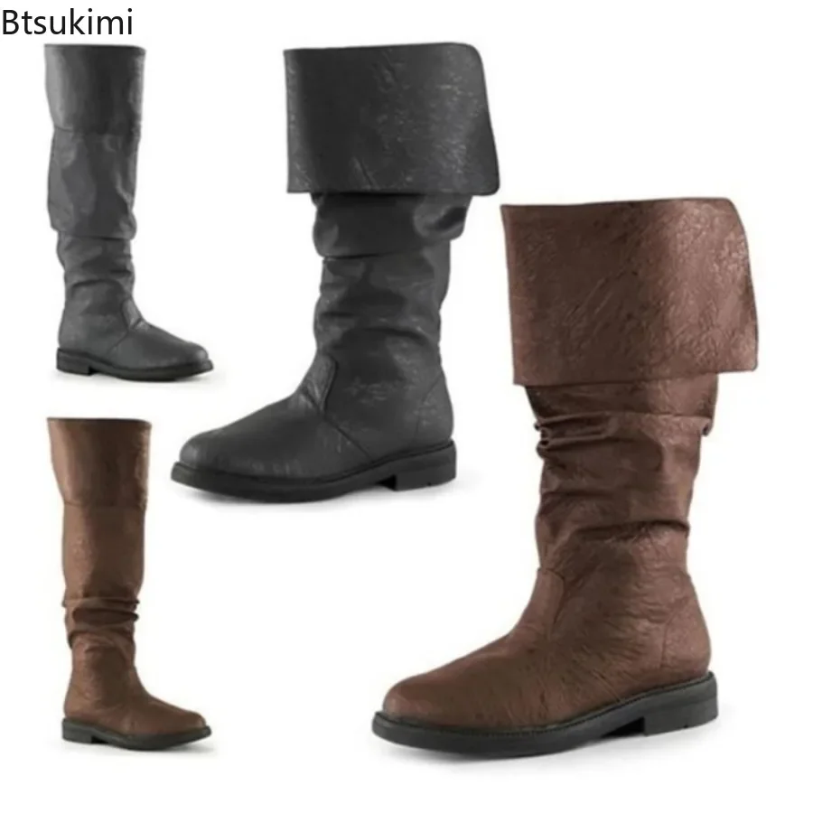 Botas Medievales de Otoño Invierno 2026 para Hombre, Botas Altas hasta el Muslo, Botas Planas, Botas Vaqueras Retro, Botas de Cuero Sintético, Color Negro y Marrón, Tallas 34-50