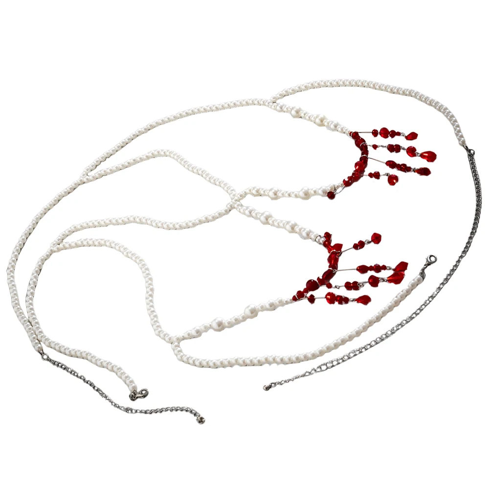 

Gothic Style Bikini Chain Tassel Pearl Necklace Retro Halloween Chest Chain Beach Party White 5380K1 Body Jewelry