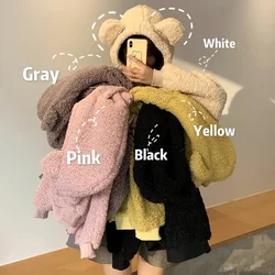 Autumn Winter Women Fake Lambswool Pullover Warm Thicken Hoodies Bear Ears Kawaii Hooded Sweatshirt Loose Casual Fleece Outwear