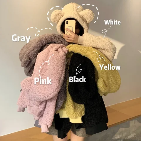 Autumn Winter Women Fake Lambswool Pullover Warm Thicken Hoodies Bear Ears Kawaii Hooded Sweatshirt Loose Casual Fleece Outwear