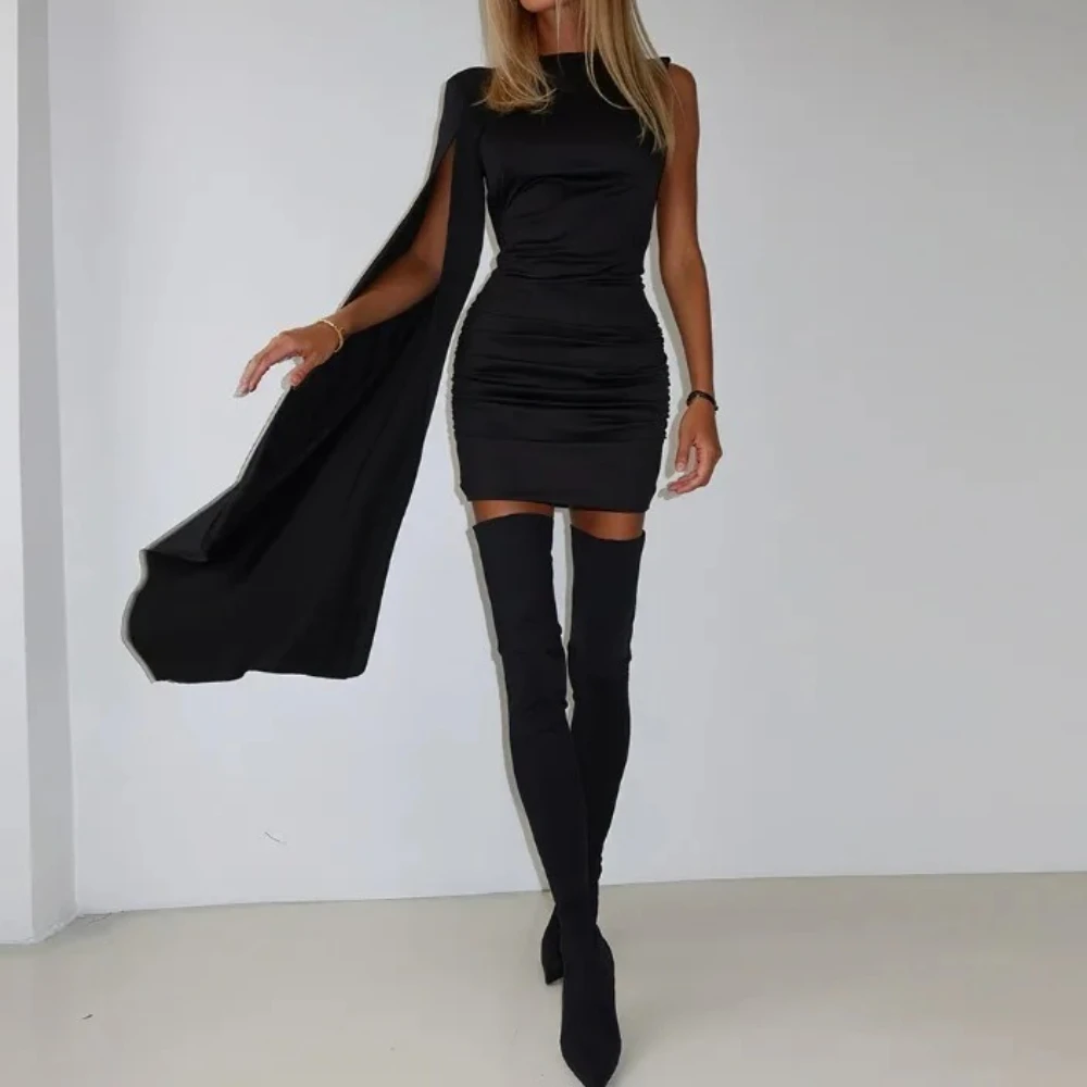 فستان قصير مكشكش بكتف واحد وفتحة مضيئة وأكمام طويلة ثنيات بدون ظهر نحيفة للحفلات والنوادي فساتين نسائية أنيقة ومثيرة