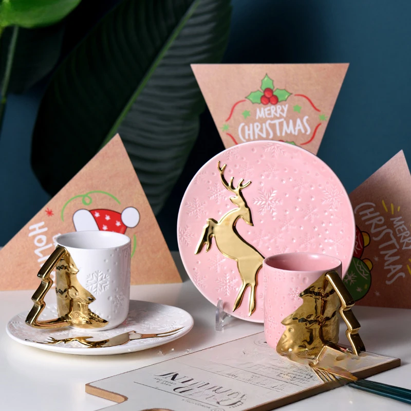 Christmas Gifts Creative Couple Mugs Ceramic Water Cup Milk Tea Cups Dessert Plate Coffee Cup Dim Sum Dish Milk Mugs Tea Cups