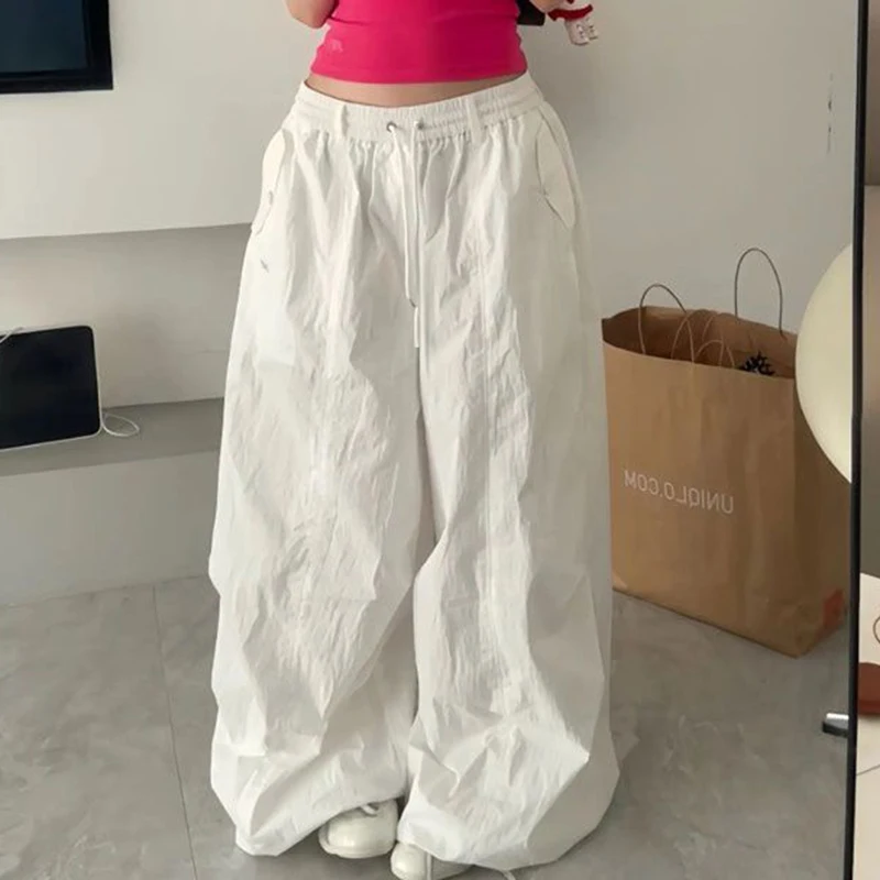 سريعة الجافة تنفس بنطال ذو قصة أرجل واسعة النساء الأبيض الجاز الهيب هوب السراويل الأمريكية فضفاضة كسول Harajuku Y2K بناطيل الشارع غير رسمية