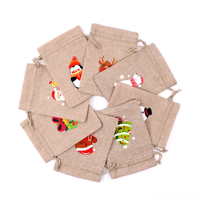 

50Pcs/Lot Xmas Natural Jute Bags 10x14 13x18cm Christmas Candy Gift Bag Drawstring Pouches Nice Bracelet Jewelry Packaging Bags