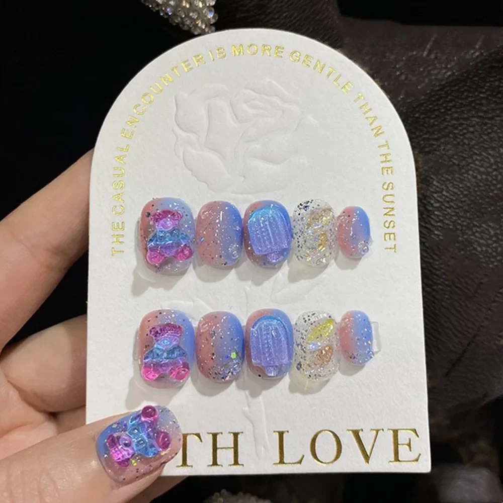 

Handmade Cute Press on Nails Short Blue Korean Kawaii Reusable Adhesive Fake Nails 3d Bear Design Artificial Nail Tips for Girls