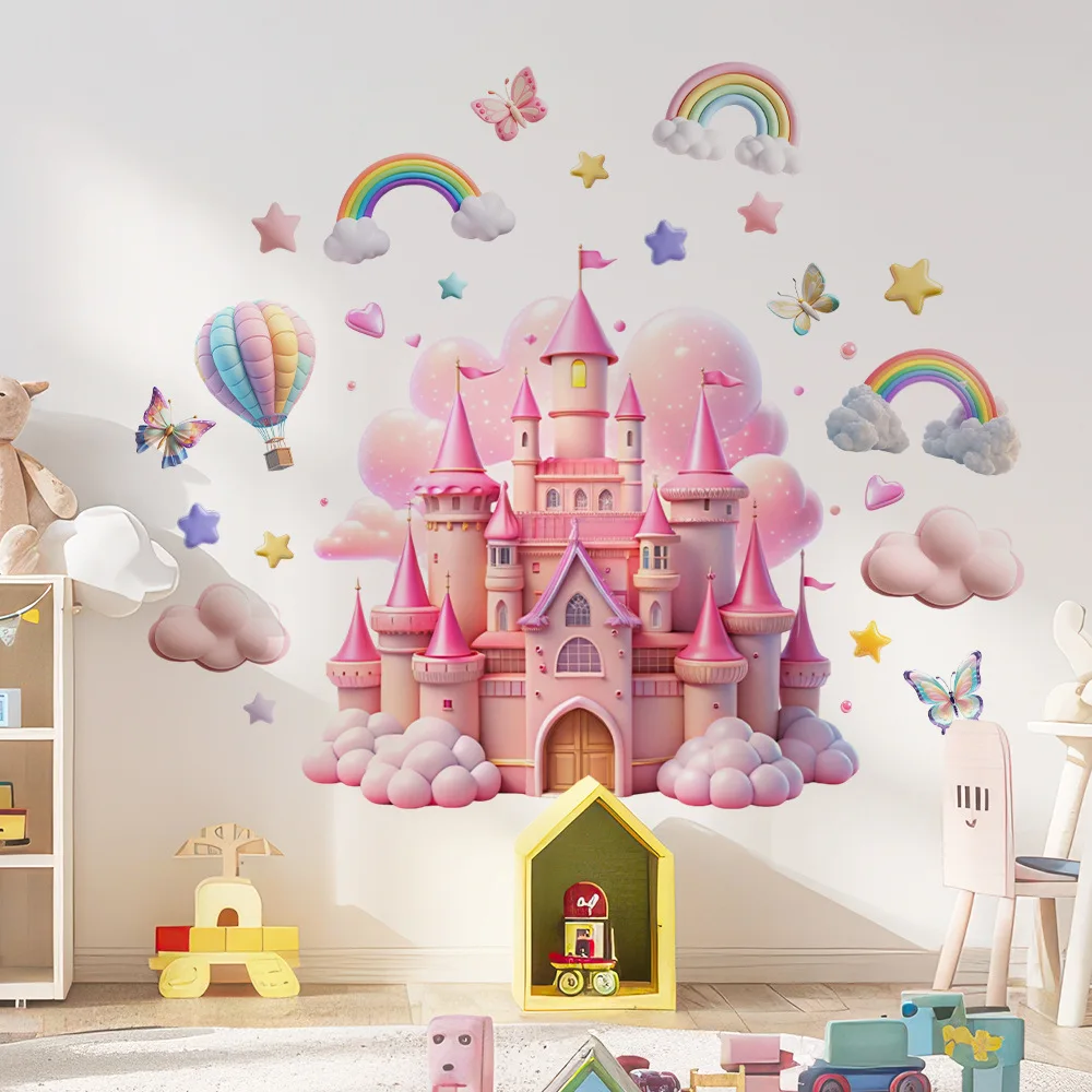 Magical Princess Castle Wall Decals, 3D Pink Rainbow Clouds Butterflies Wall Stickers, Removable Peel and Stick Nursery Decor