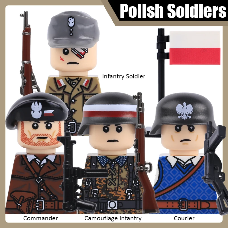 MOC Military Polish Soldier Figure Building Blocks WW2 Army Infantry Officer Warrior Gun Helmet Flag Accessories Bricks Toy Gift