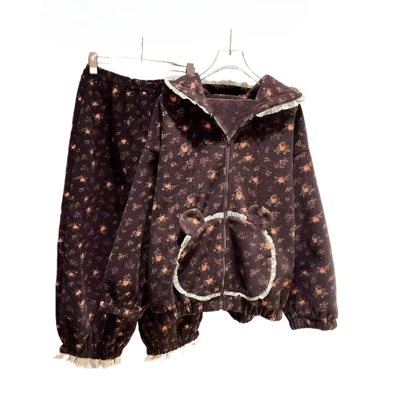 Outside Pajamas Women's 2026 Winter Retro Lace Floral Pajamas Spring and Autumn New Coral Fleece Hooded Homewear Set Underwear