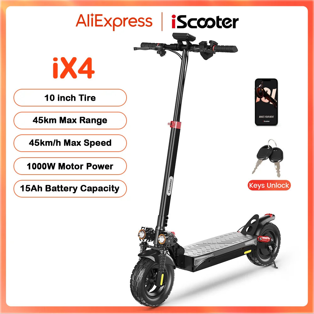 Trottinette électrique tout terrain iScooter iX4 10 pouces 1000W propulsion arrière batterie 48V 15Ah autonomie 40-45km double amortissement pneu sans chambre frein double disque 4 vitesses débloquées