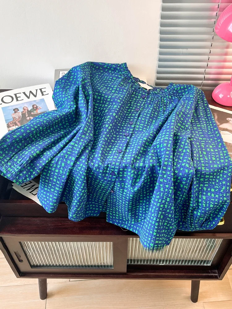 

Женский топ в клетку в стиле ретро Blue een, весенний дизайн, фонарь Све, длинный воротник с цветочным принтом, удобный топ свободного кроя на пуговицах...