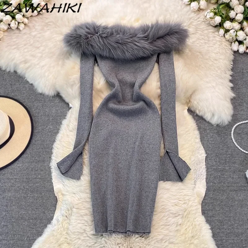 

Sexy Knitted Dress Women Slash Neck Slim Waist Vestidos Solid Color Fashion Femme Robe Korean Office Lady Temperament Ropa Mujer