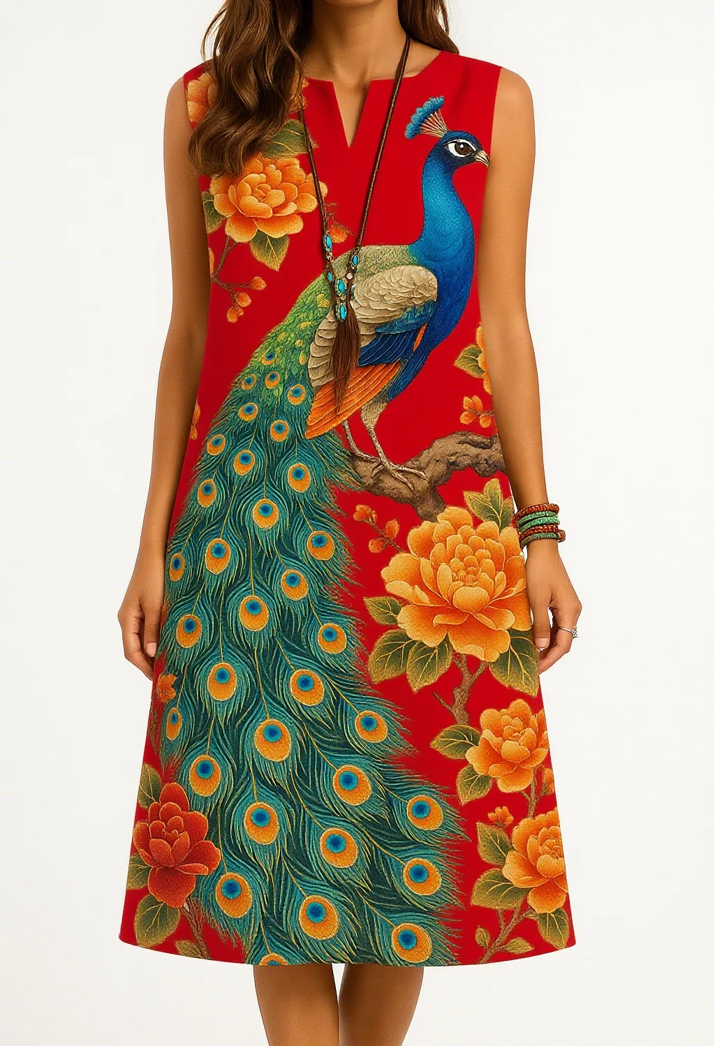 Dress kurt women's fashionable and elegant long sleeved straight tube casual V-neck peacock pattern noble skirt