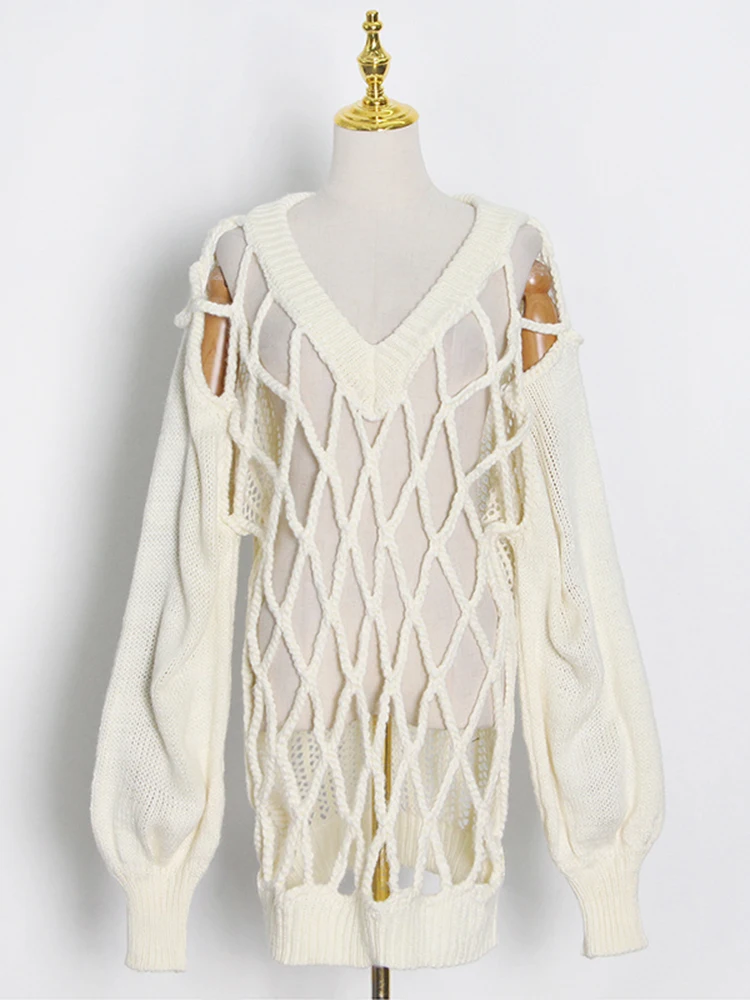 TWOTWINSTYLE Solid Casual Sweaters For Women V Neck Lantern Sleeve Hollow Out Loose Minimalist Pullover Sweater Female Fashion