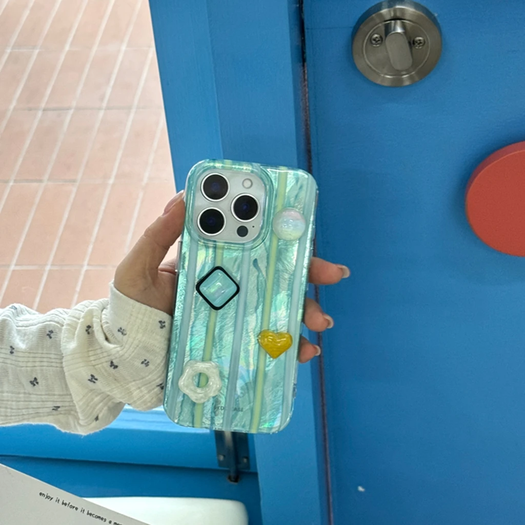 

Advanced Blue Gradient Tin Foil Pattern Stereoscopic Gemstone Decoration Phone Cover Case for iPhone 16 15 14 Pro Max