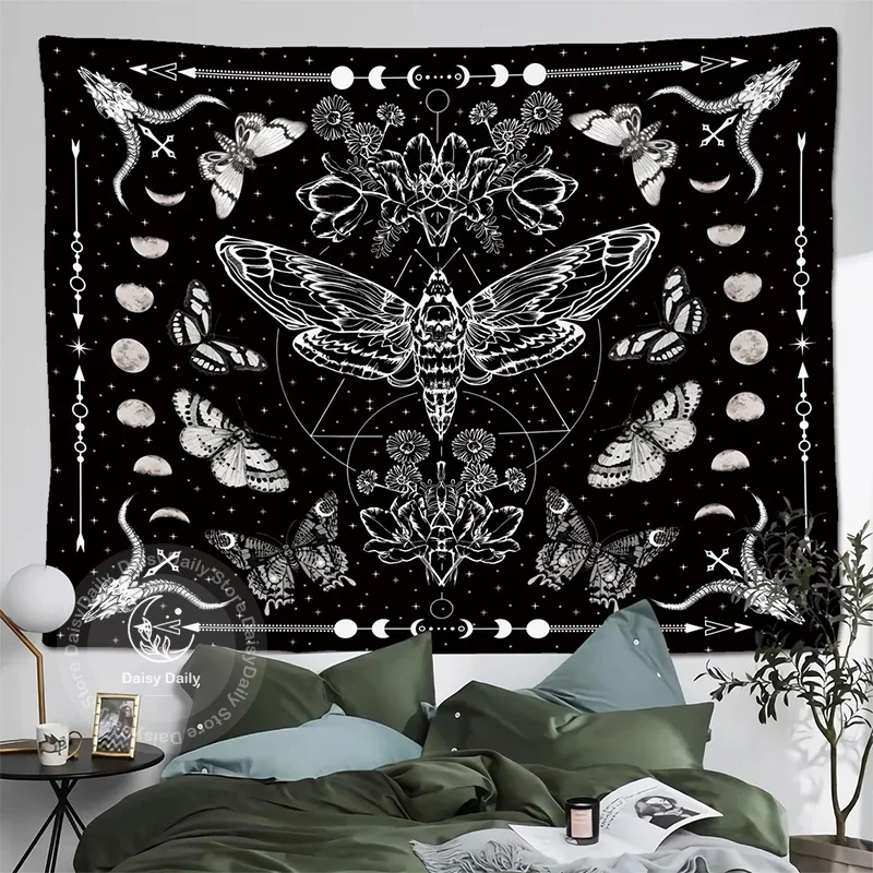 Moth Tapestry Moon Phase and Stars Black and White Moon Phase Butterfly Tapestries Wall Hanging for Living Room Bedroom Decor