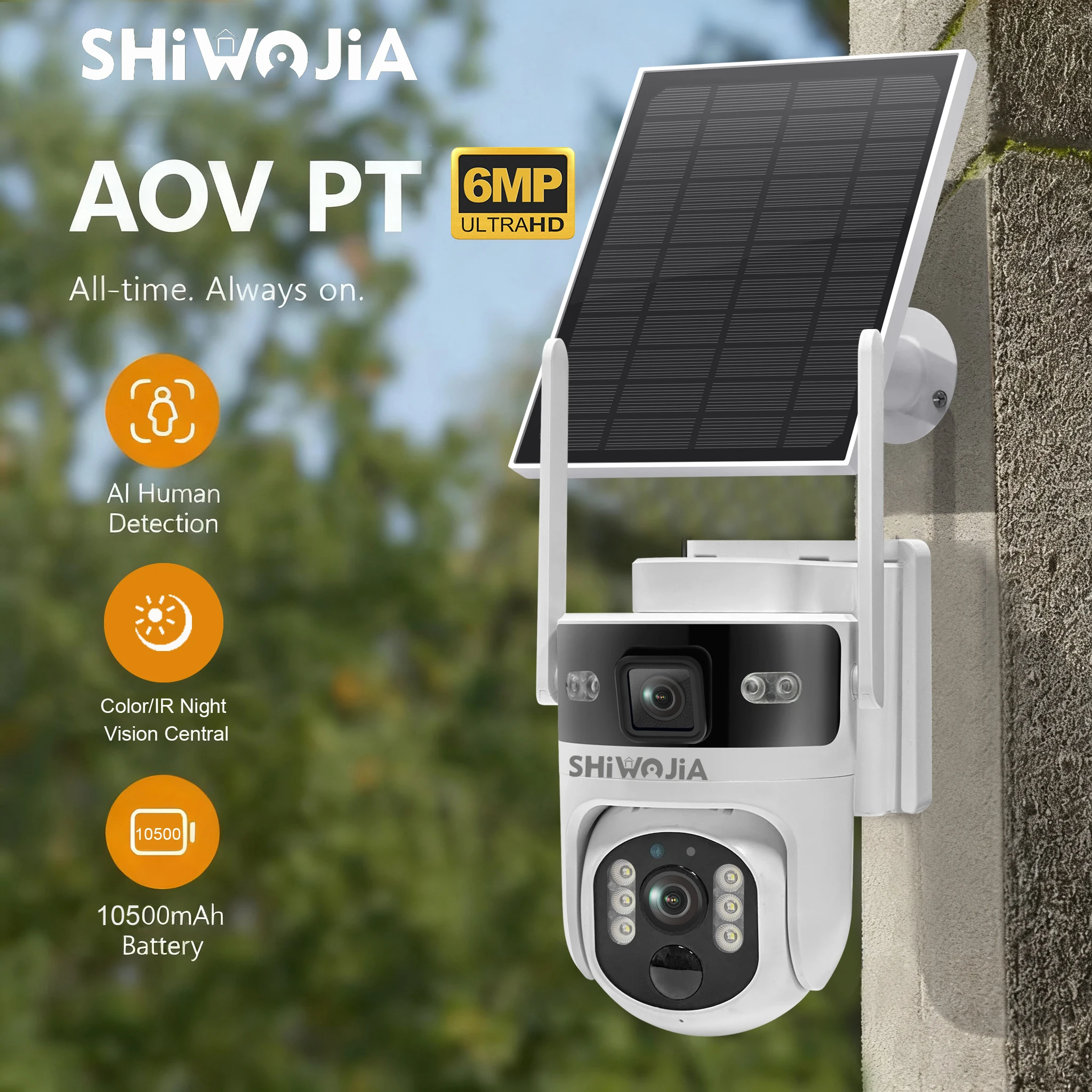 SHIWOJIA 4G Solar Camera SIM Card Dual Lens AOV 24/7 Video Record Outdoor Security Camera 4G LTE Wifi Network 10500mAh Battery