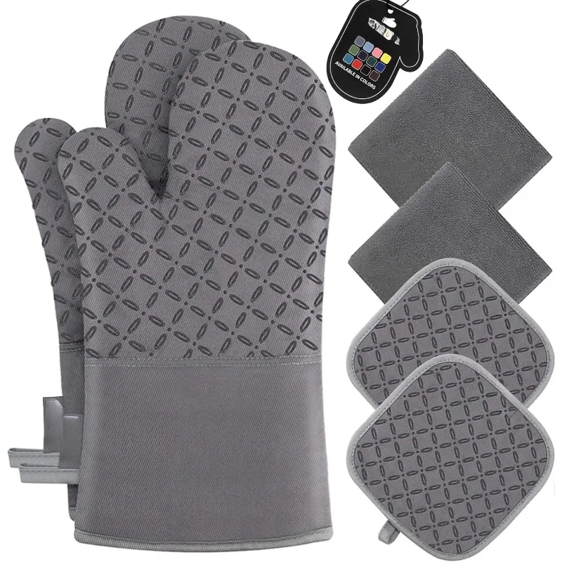 

Mitts and Pot Holders 6pcs Set,High Heat Resistant 500 Degree with Non-Slip Silicone Surface for Cooking (Grey)