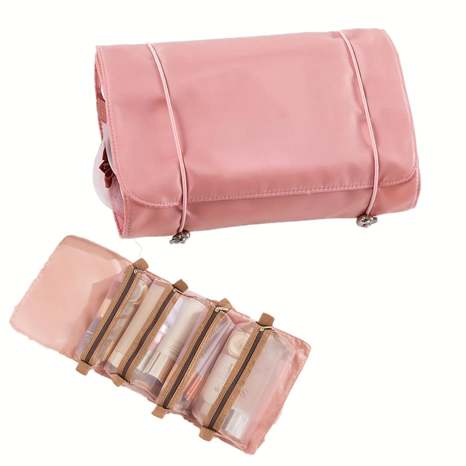 Travel Makeup Bag - 4 in 1 Portable Toiletry Organizer Bags, Roll Up Cosmetic Bag with 4 small Detachable Pouch, Large Capacity 