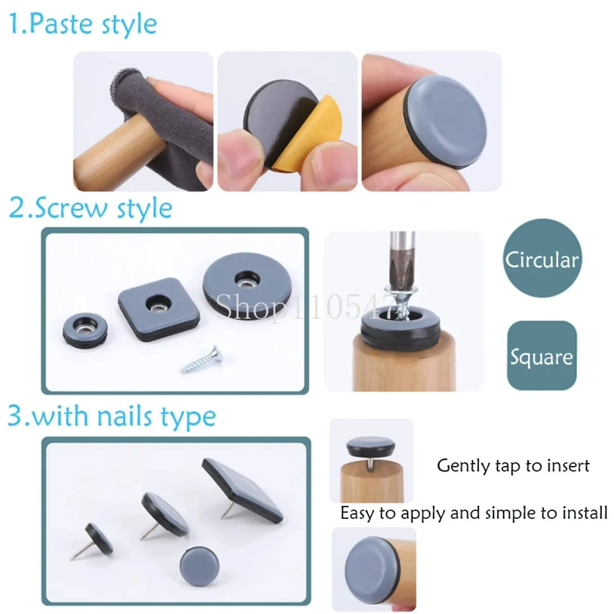 4P-100Pcs PTFE Protection Furniture Sliding Pad Nail Style/ Paste/ Screw Style Slide Wear-Resistant Floor Protection Foot Cover