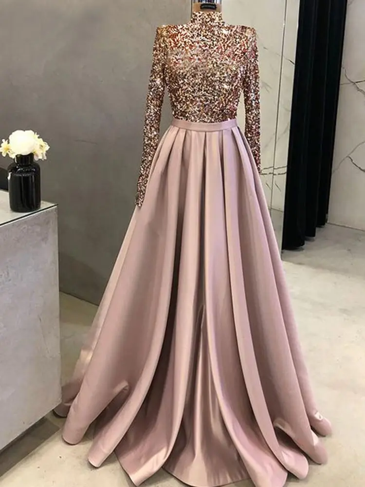 Muslim Shinny Sequin Top Evening Dresses High-Neck Long Sleeves Prom Formal Party Gowns A-line Customize فساتين السهرة