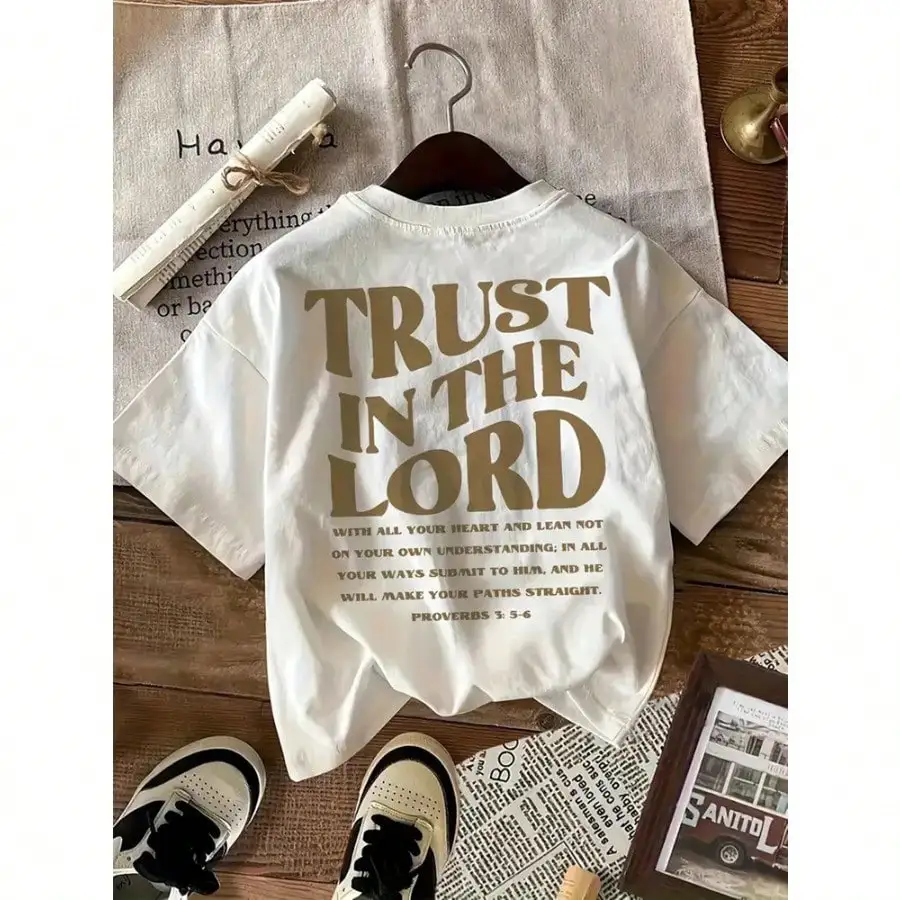 

[Cotton Religious Quote Tee] Classic Cotton TShirt Trust In The Lord Bible Verse Print Round Neck Short Sleeve Geometric Pattern