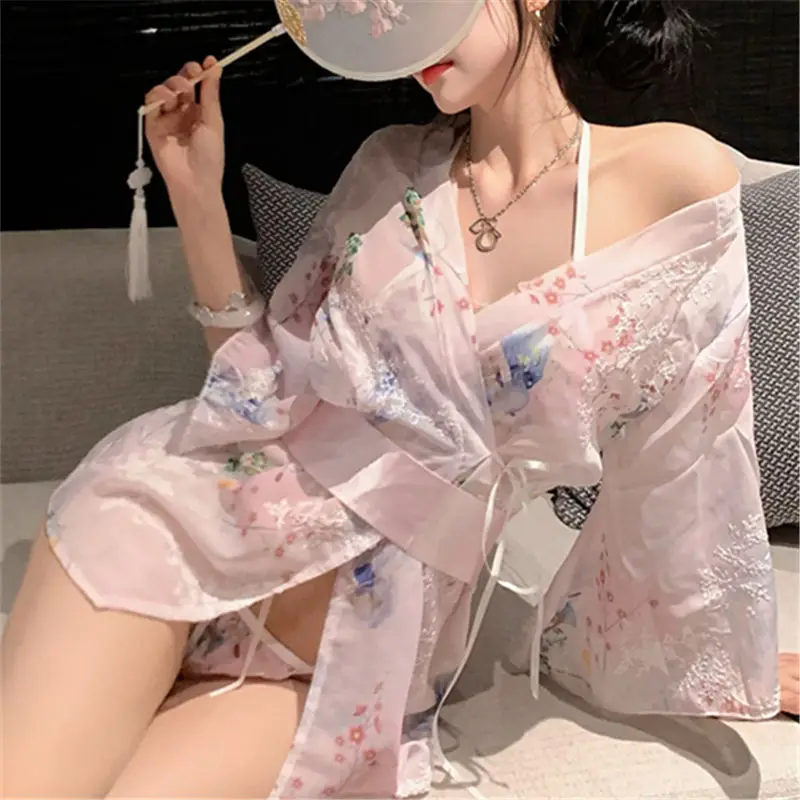 Sexy Lingerie Kimono Uniform Collocation Printed Coat Brassiere T Pants Elastic Adjustable Belt Costume Gift for Women Cosplay