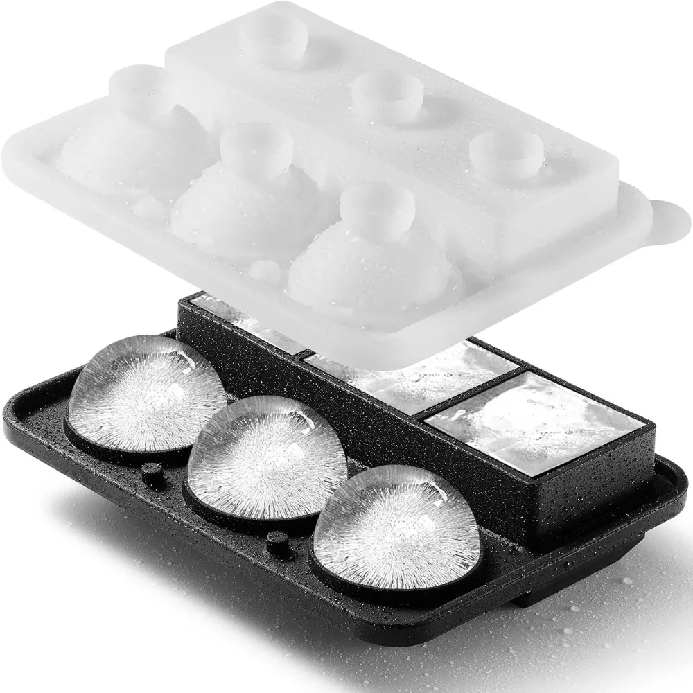 

Ice Cube Molds Tray, Large Silicone Whiskey Ice Mold,2-in-1 Round Sphere Ice Ball Maker & Square Ice Trays for Cocktails, Bourb