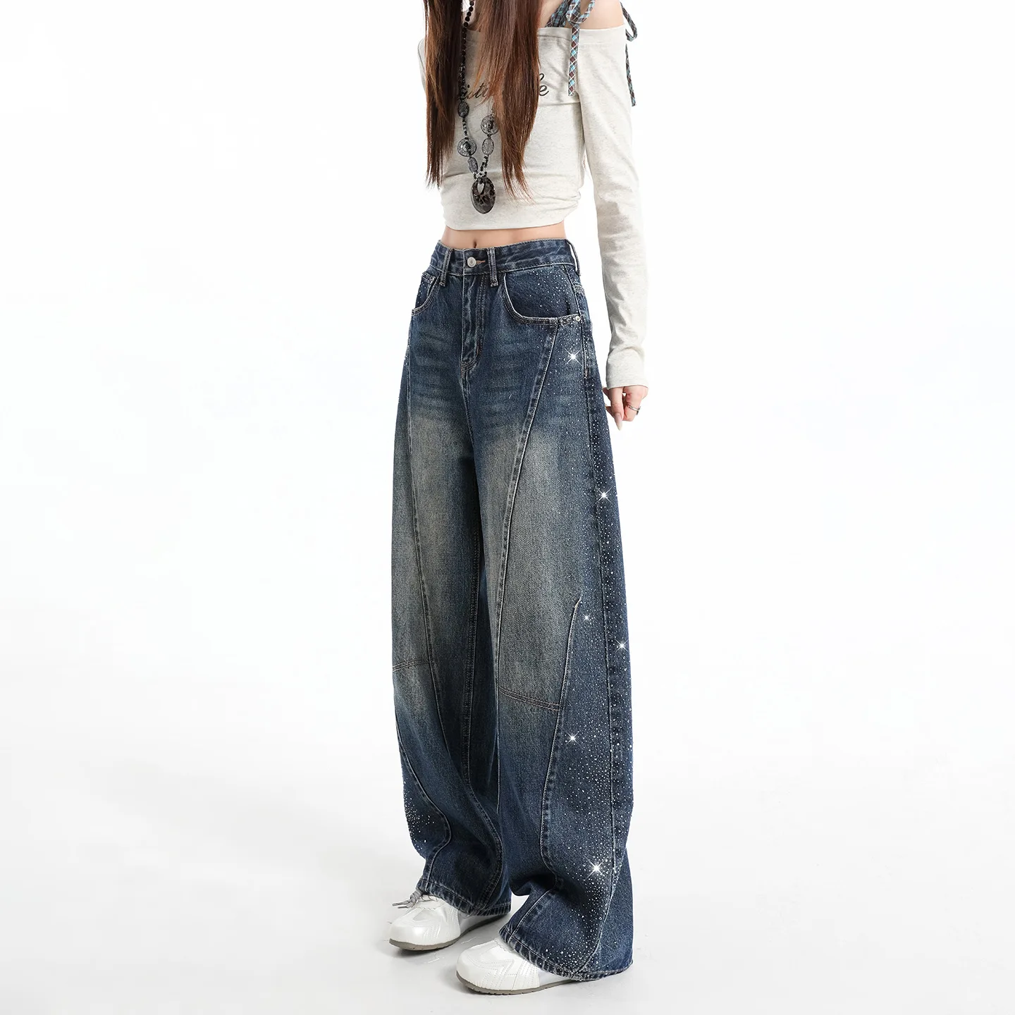 Denim Pant Women Jeans Vintage Wide Leg Long Pants Hot Drilling High Waist Straight Trousers Elegant Work Casual Y2k Streetwear