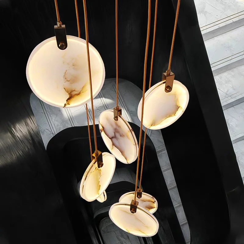 New Gold Metal Round Marble Chandelier Dimmable Pendant Lamp for Living Room