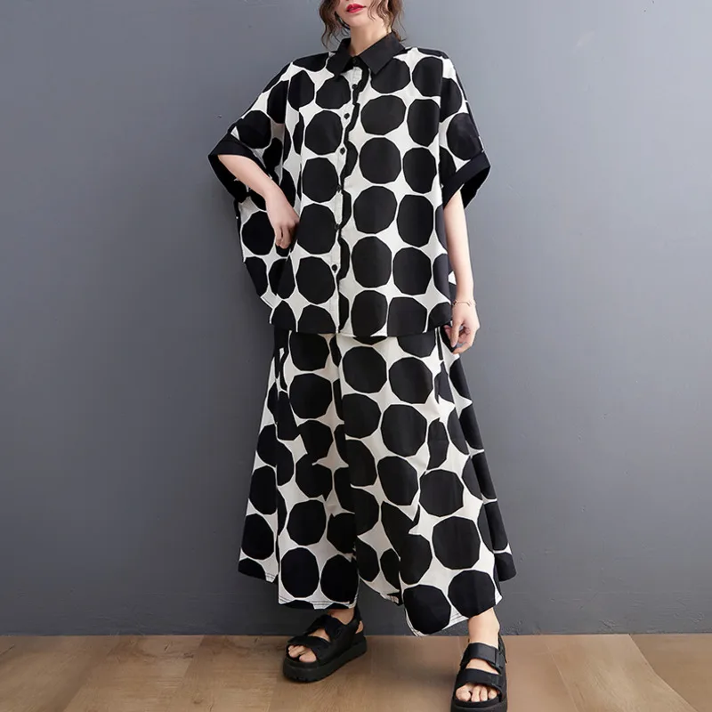 #2701 Summer Polka Dot Blouse And Wide Leg Pants Women Bat Sleeve Thin Korean Style Loose Two Piece Outfits Female Streetwear