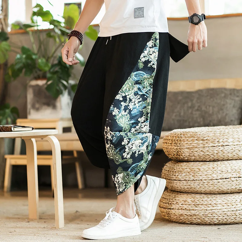 2024 Ethnic Style Harem Pants Mens Jogging Pants Sweatpants Japanese Street Men Pants Work Elephant Stitching Calf-length Pants