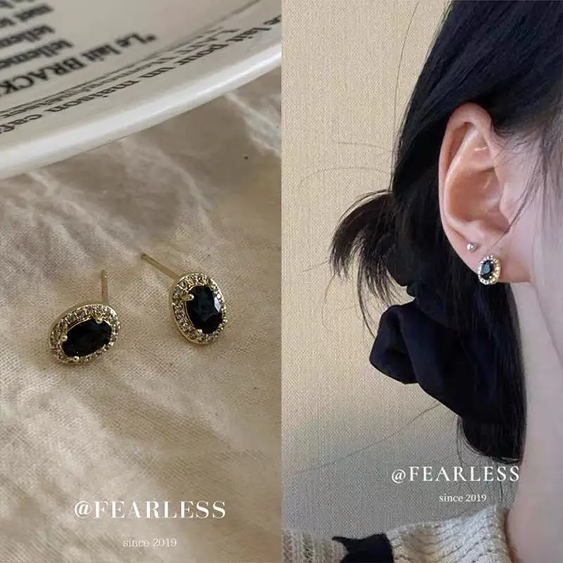 Black Micro Inlaid Zircon Stud Earrings Women'rrings Earrings