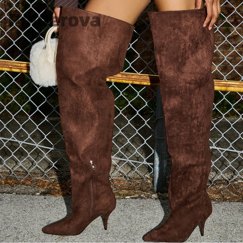

Замшевые сапоги выше колена для женщин, ботинки с рукавами, острый носок, туфли на высоком каблуке-шпильке, широкие сапоги до икры, осенне-зимняя повседневная обувь