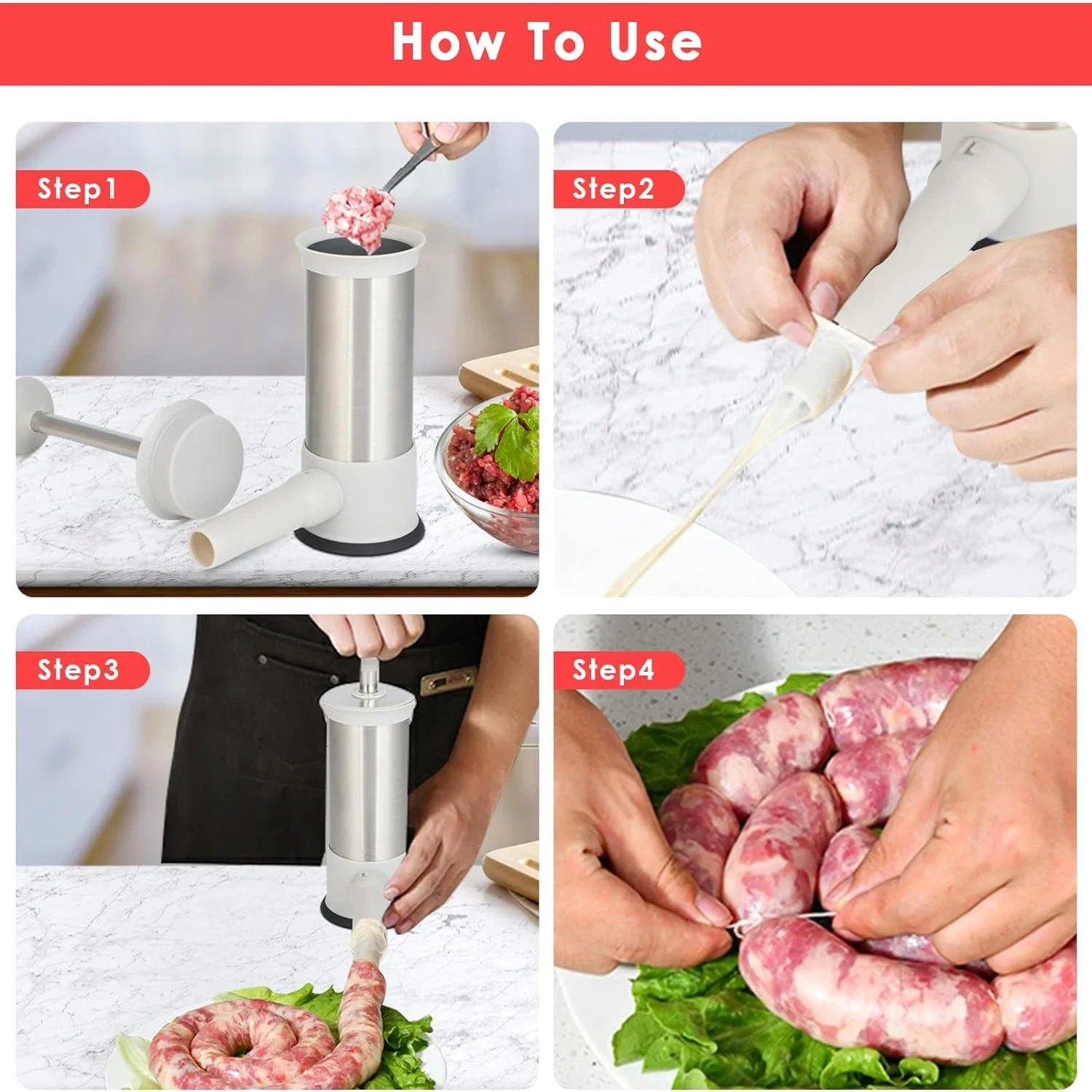 Sausage Stuffer Machine Stainless Steel Homemade Sausage Maker with 4 Stuffing Tubes Household Kitchen Meat Stuffer Filling Tool