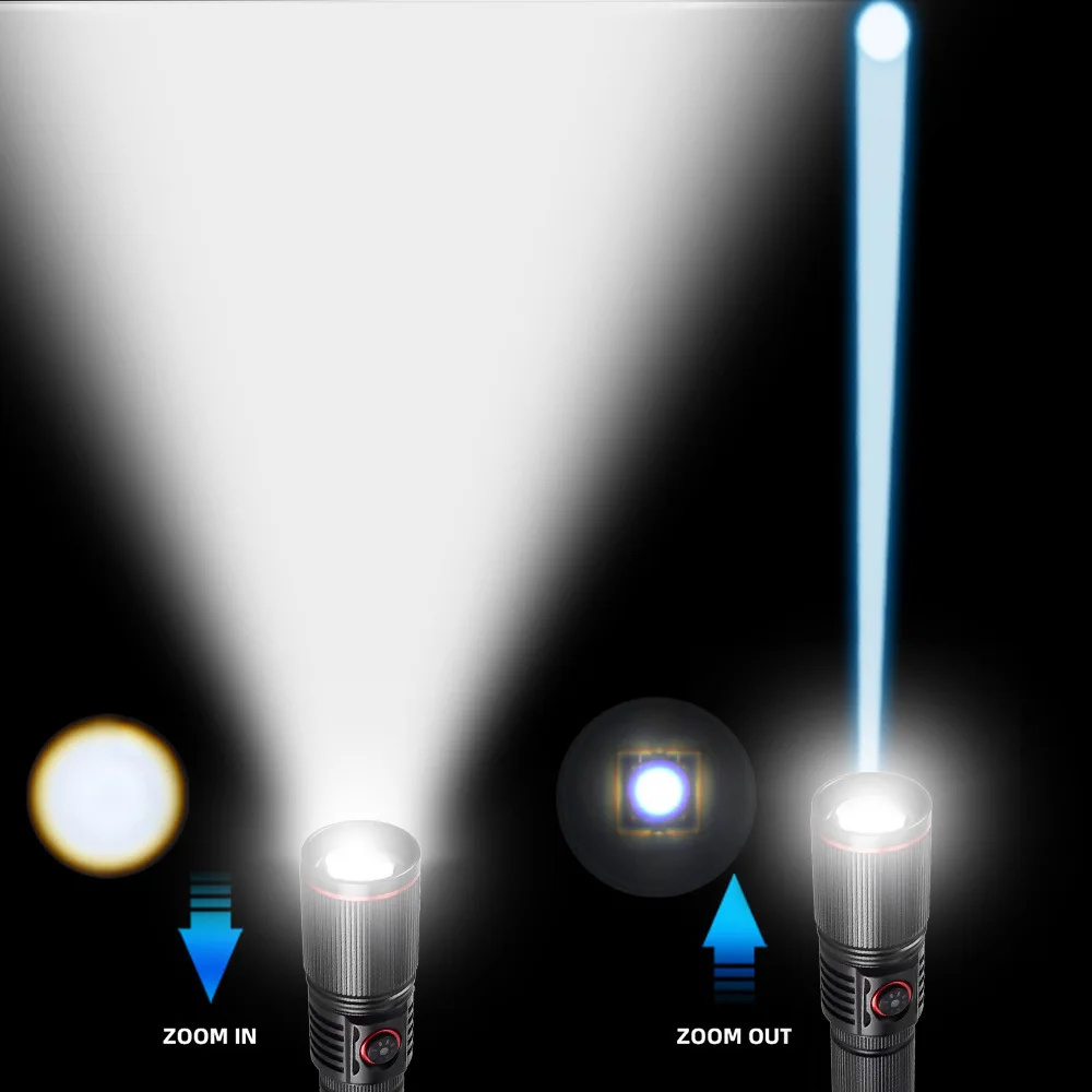 Potente linterna LEP láser blanca de aleación de aluminio, lámpara de luz con Zoom de batería 18650 o 21700 con indicador de potencia de cuerda