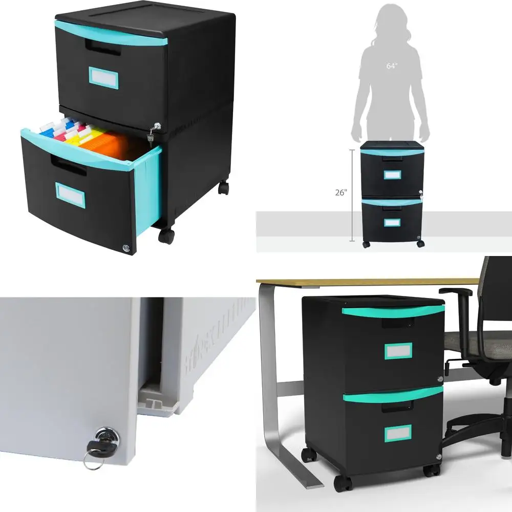 

Two-Drawer Mobile Filing Cabinet, Legal/Letter Size Drawers, Black and Teal, 14.75x18.25x26 Inches