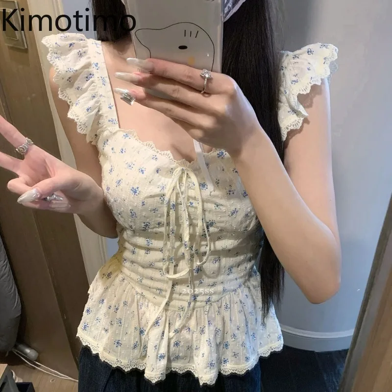 

Kimotimo French Sweet Floral Flying Sleeve Shirt Women 2025 Summer Fairy Slim Fit Waist Ruffled Short Top Fashion Holiday Blouse