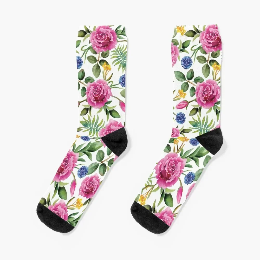 Watercolor Roses - Pink, Blue, Yellow & Green Floral/Botanical Pattern Socks football winter thermal New year's Socks Girl Men's