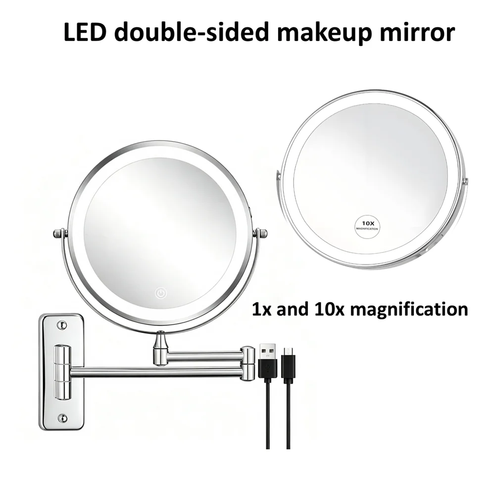 8-inch double-sided makeup mirror chrome-plated 10x magnification USB charging suitable for bathroom use tri-color lighting