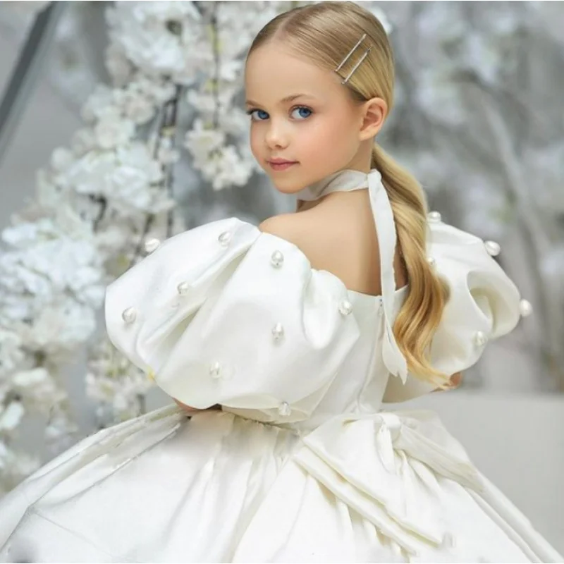 

Children's Formal Dress Princess Gown White Puffy Tulle Girl Model Show Evening Dress Flower Girl Little Host Performance Costum