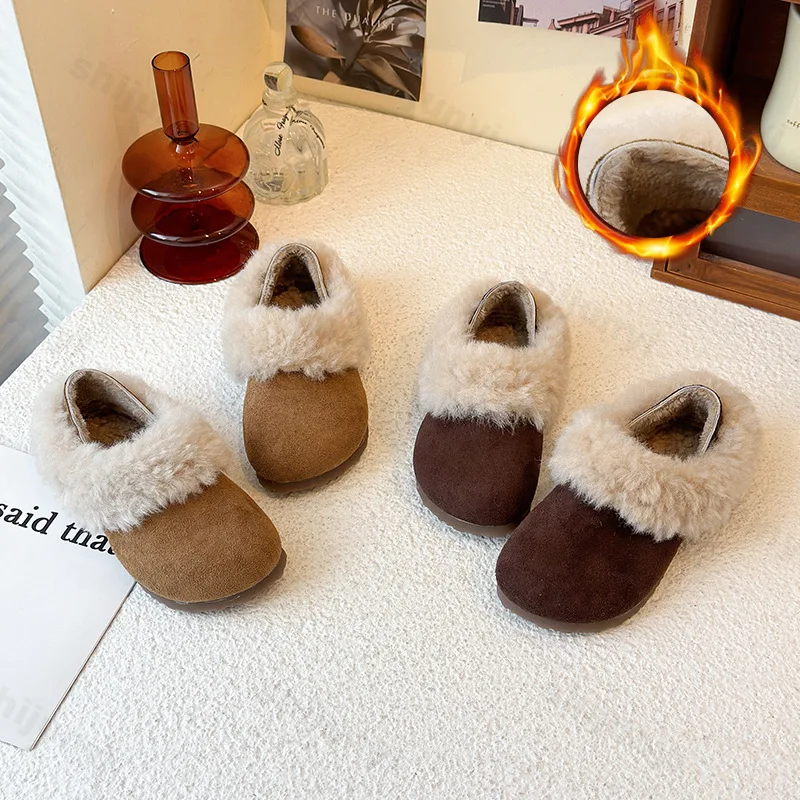

Children Shoes 2026 Winter Fur Cover Toe Kids Casual Shoe Plush Warm Non-slip Leisure Comfy Outdoor Fashion Girls Cotton Shoes